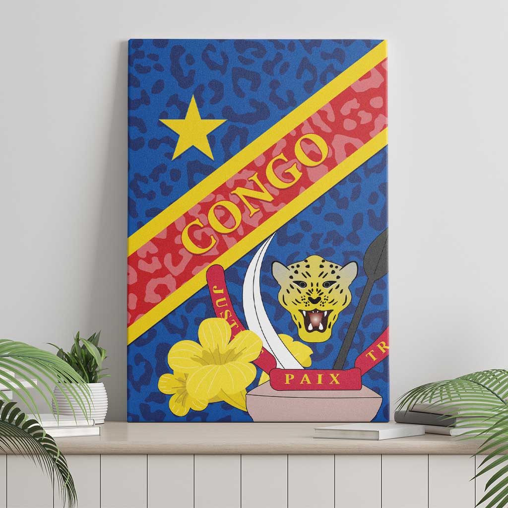 Congo DR canvas wall art on shelf, blue leopard crest with diagonal yellow stripe