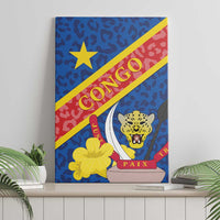 Congo DR canvas wall art on shelf, blue leopard crest with diagonal yellow stripe