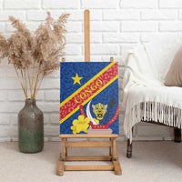 Congo DR canvas wall art on easel, blue/red leopard crest with yellow flowers