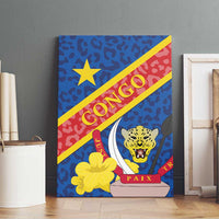 Congo DR canvas wall art with frame, blue and red leopard crest design