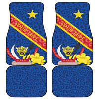 Set of four blue leopard car floor mats with crest, ribbon stripe, and star