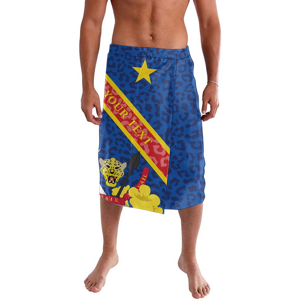Blue leopard-print sarong with Congo crest and diagonal flag graphic, knee length