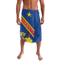 Blue leopard-print sarong with Congo crest and diagonal flag graphic, knee length