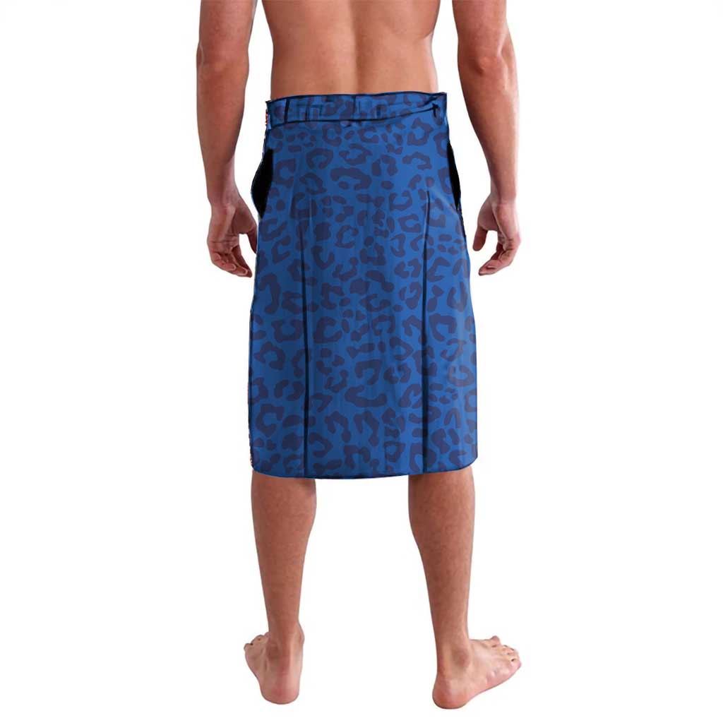 Blue leopard-print sarong skirt with dark trim, knee length