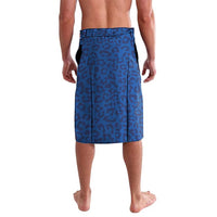Blue leopard-print sarong skirt with dark trim, knee length