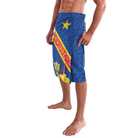 Blue leopard-print sarong with diagonal flag and crest panel, knee length