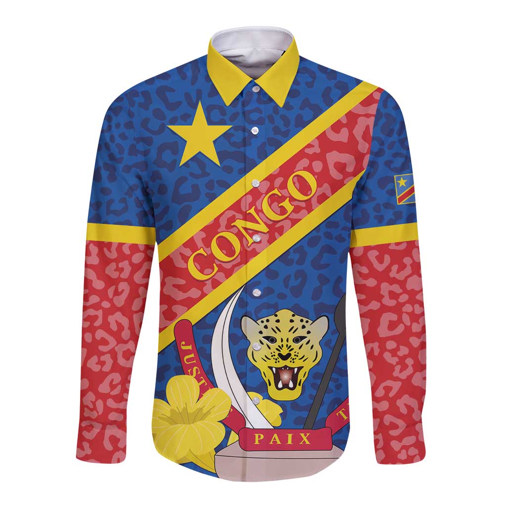 Long-sleeve button shirt coat with blue leopard pattern, star and diagonal Congo sash