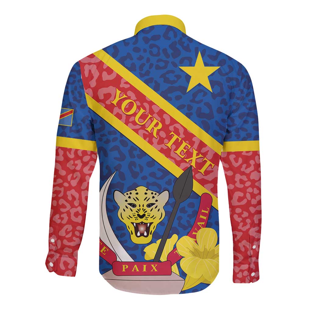 Long-sleeve button shirt coat with blue leopard pattern, red diagonal text and yellow star