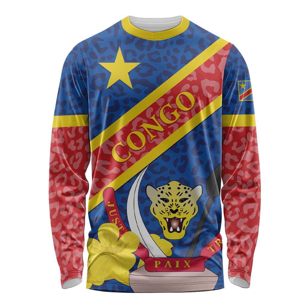 Unisex long-sleeve shirt, blue leopard pattern, diagonal flag graphic and emblem.