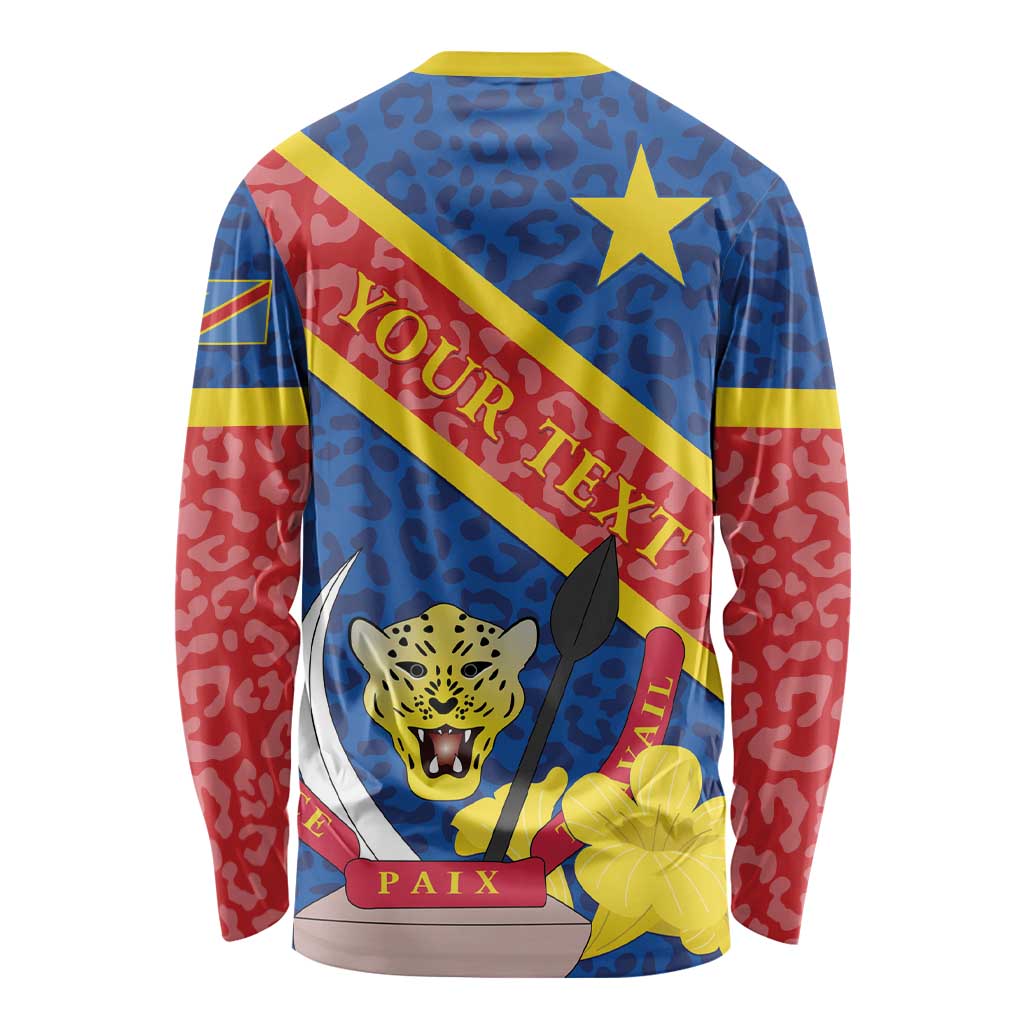 Unisex long-sleeve shirt, blue leopard pattern, diagonal flag stripes, large animal emblem.