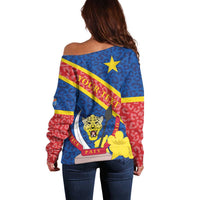 Women’s off-shoulder sweater, blue leopard print with diagonal flag stripe, back view