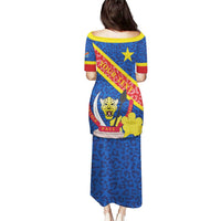 Blue long dress with leopard print and back emblem graphic with diagonal banner