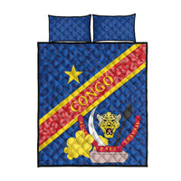 Blue flag-themed quilt bed set with two square pillows, leopard crest and tricolor band