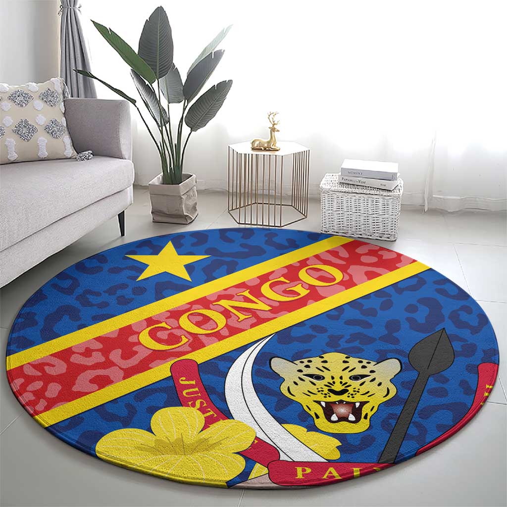Blue round carpet with bold banner, leopard face and star motif, circular rug