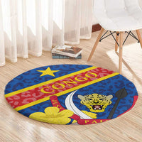 Blue round carpet with red-yellow stripe, leopard face and leaf graphics, circular rug