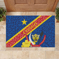 Blue rubber doormat fully shown, with Congo banner stripe and lion face on leopard print