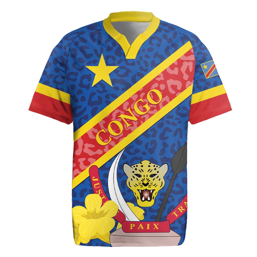 Congo DR Rugby Jersey Coat Of Arms Leopard Pattern - Wonder Print Shop