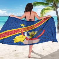 Blue sarong with Congo DR coat of arms, leopard face, yellow and red stripe border