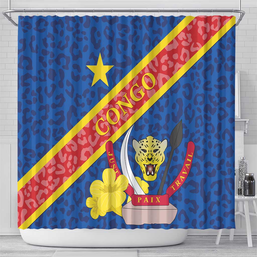 Blue Congo DR shower curtain with diagonal yellow-red stripe and leopard crest graphic