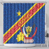Blue Congo DR shower curtain with diagonal yellow-red stripe and leopard crest graphic