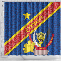 Blue shower curtain with yellow star, CONGO diagonal band, leopard crest, and PAIX label