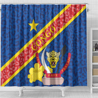 Blue shower curtain with leopard face in white coat, CONGO diagonal stripe, and yellow flower