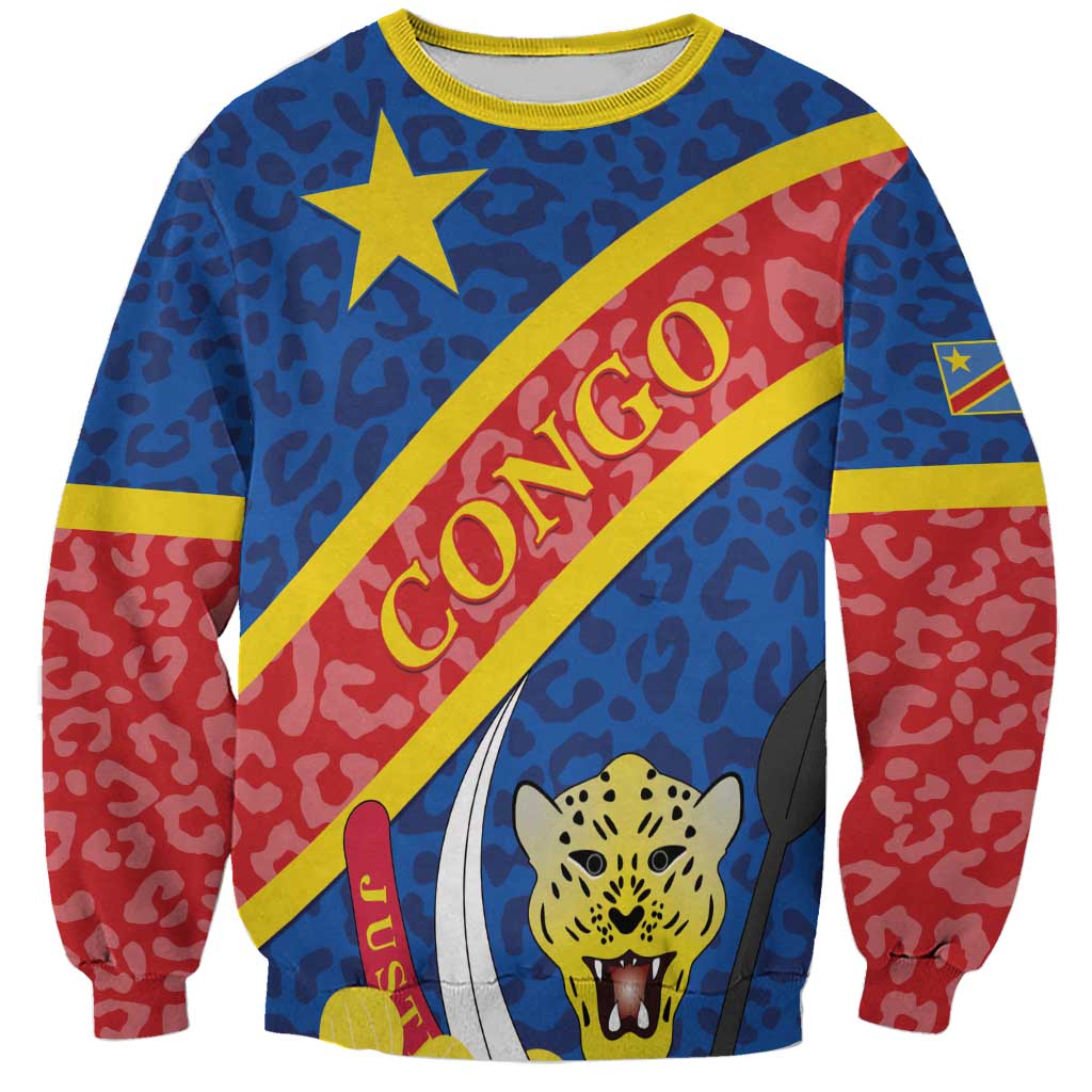 Unisex sweatshirt with blue leopard print, yellow/red diagonal panel, leopard head graphic