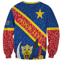 Unisex sweatshirt with blue leopard print, red/yellow diagonal banner, star and leopard head