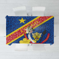 Blue tablecloth with coat of arms and leopard-style pattern graphic panels