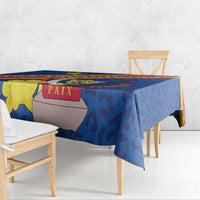 Blue tablecloth with leopard-style pattern and coat of arms, multicolor border