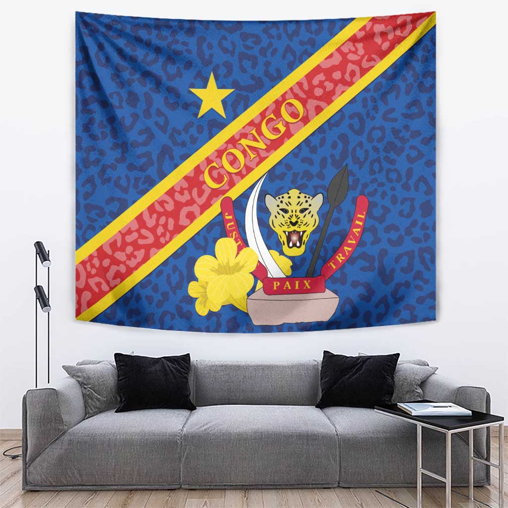 Congo DR tapestry with blue leopard pattern, diagonal red stripe, star, coat of arms