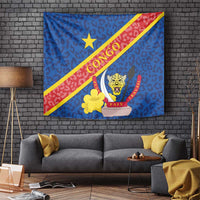 Blue Congo DR tapestry with leopard spots, yellow diagonal band, star and coat of arms