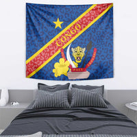 Congo DR tapestry wall hanging, blue leopard pattern with diagonal stripe and star emblem