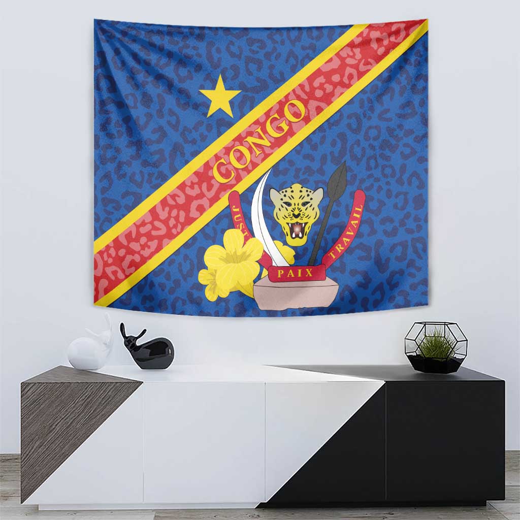 Blue Congo DR tapestry with leopard print, yellow/red diagonal band and emblem with text