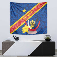 Blue Congo DR tapestry with leopard print, yellow/red diagonal band and emblem with text