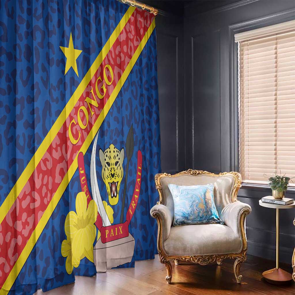 Blue window curtain panel with Congo DR crest, leopard face, yellow star, and red diagonal stripe
