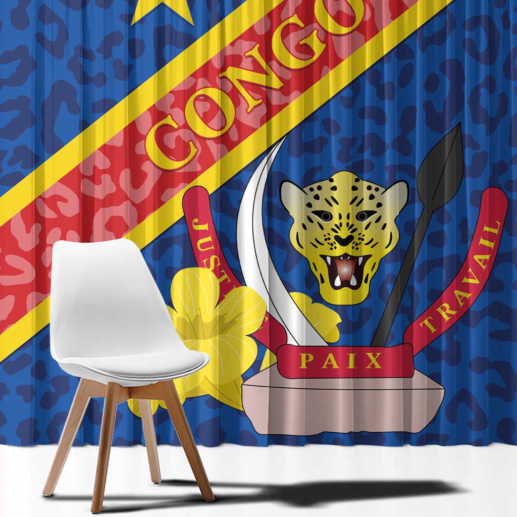 Blue window curtain with leopard emblem, yellow star, and red diagonal stripe on mottled pattern