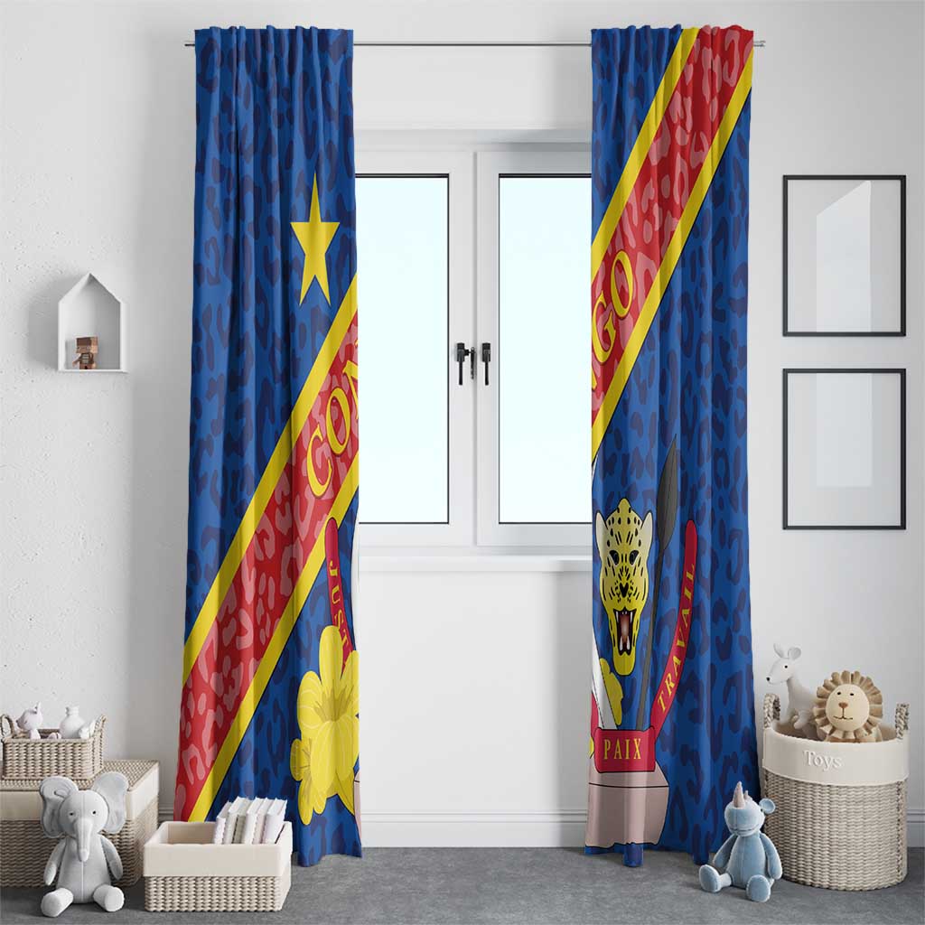 Blue window curtain with leopard crest and yellow star, red diagonal stripe