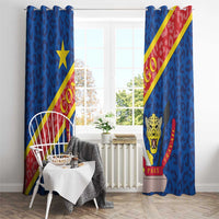 Blue window curtain panels with Congo DR crest, leopard face, yellow star, red diagonal stripe