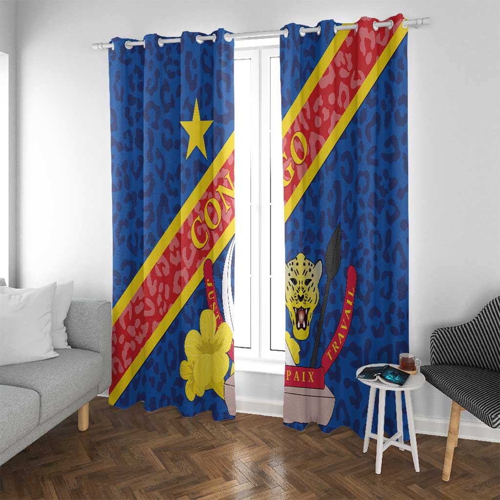Blue window curtain set with Congo DR crest and leopard graphic, yellow star, red diagonal stripe