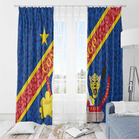 Blue window curtain panels with leopard emblem and Congo DR crest, yellow star and red stripe
