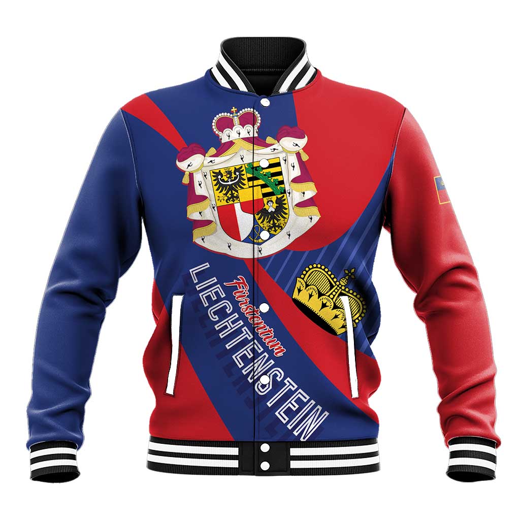 Baseball jacket with Liechtenstein crest, blue and red varsity sleeves, snap button front