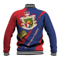 Baseball jacket with crest graphic, blue and red panels, ribbed striped collar and cuffs