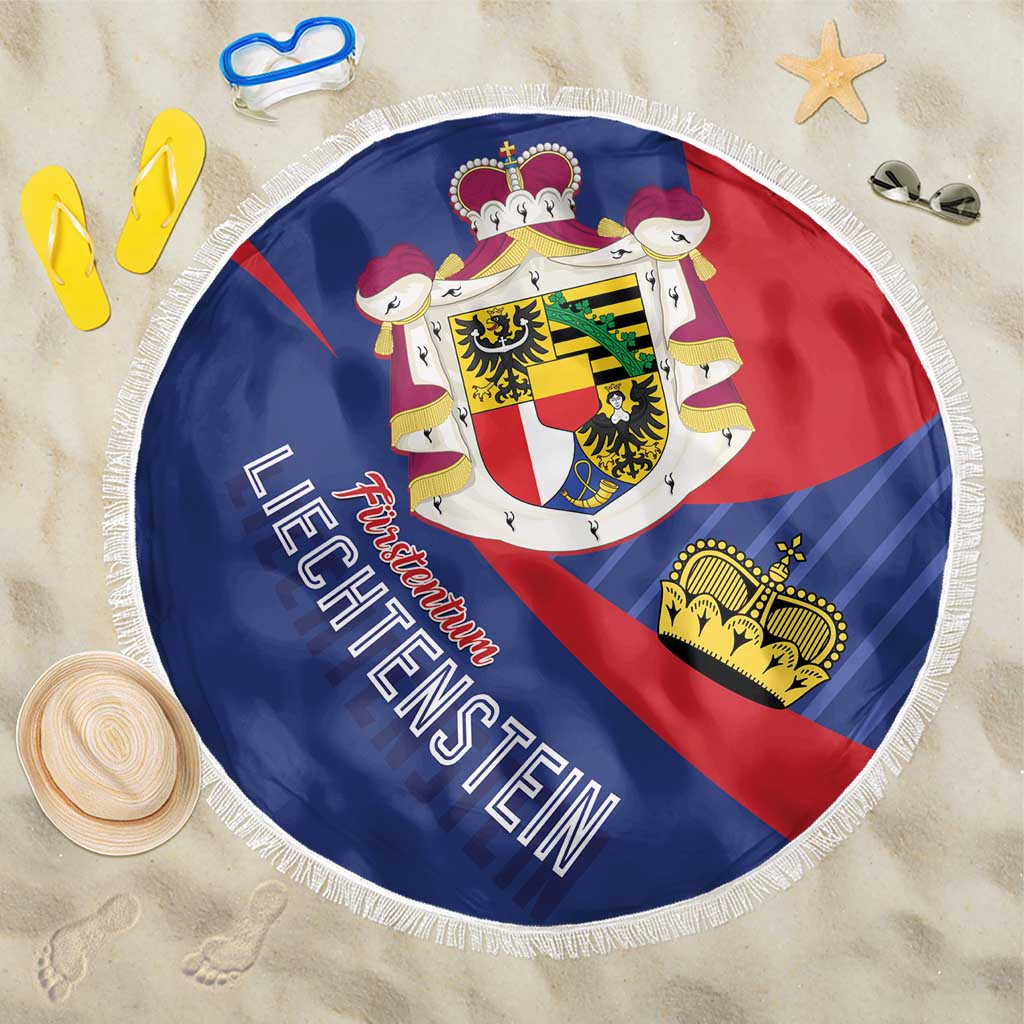Round Liechtenstein beach blanket with coat of arms, blue red stripes and white fringe