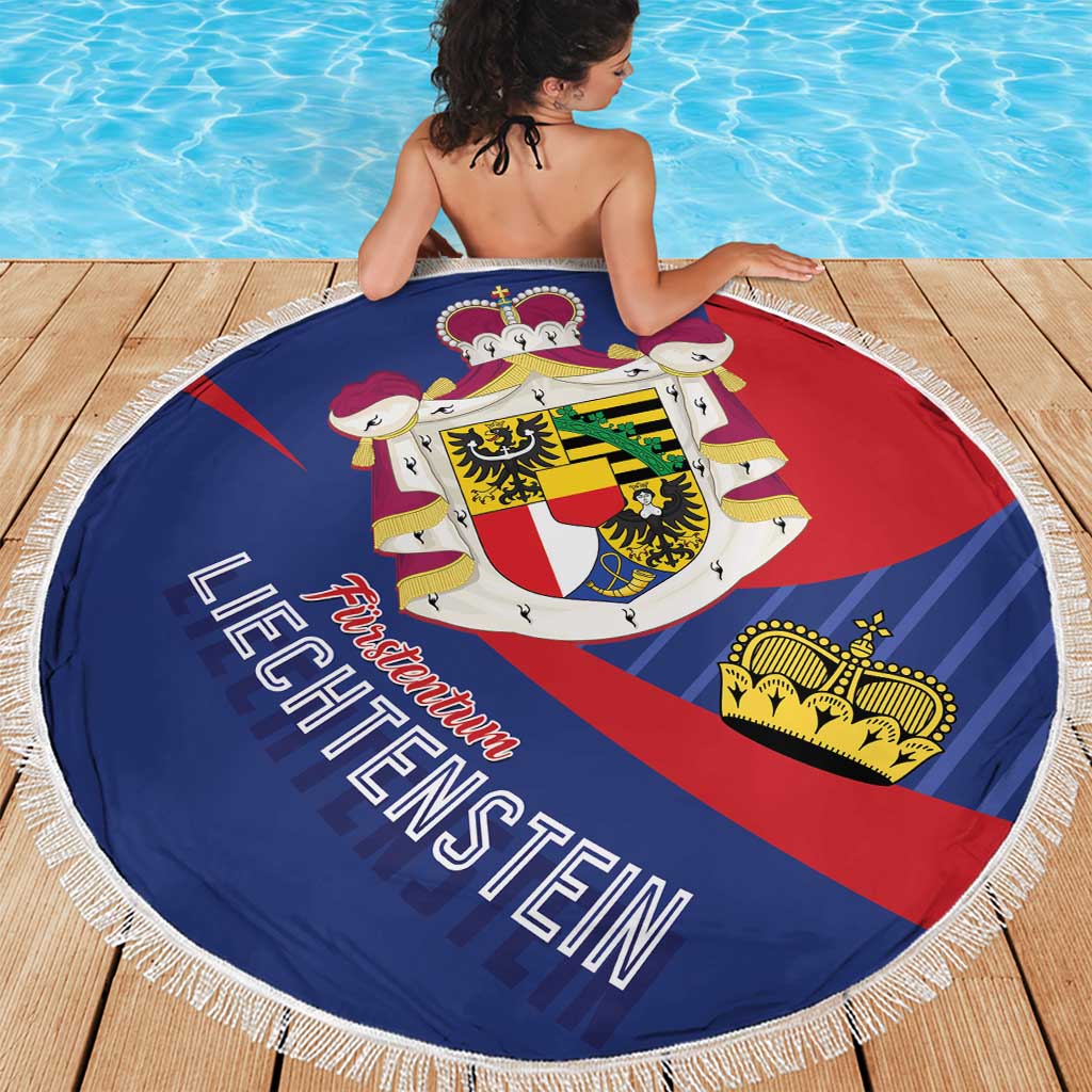 Round Liechtenstein beach blanket, blue and red with coat of arms and fringe edge
