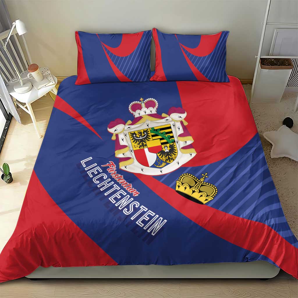 Liechtenstein bedding set with blue-red duvet, crown emblem, and two striped pillows