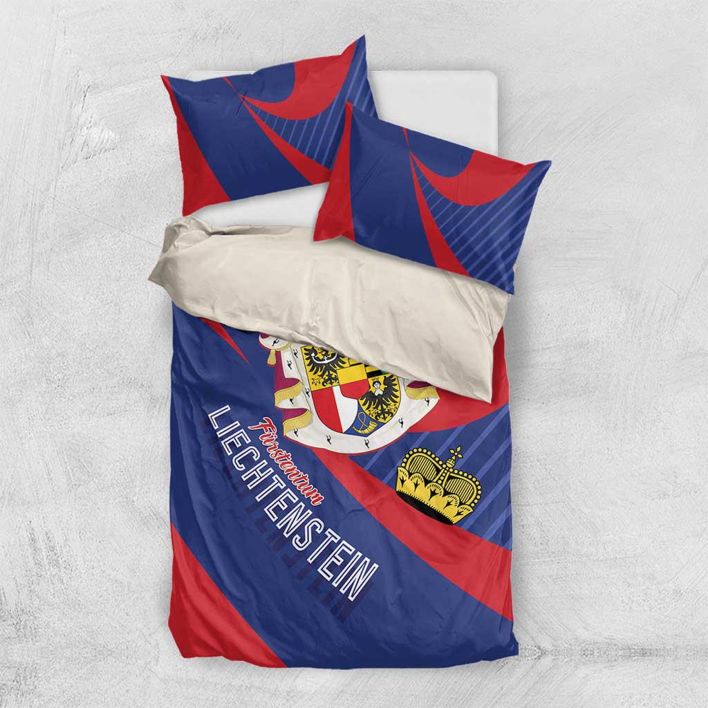 Liechtenstein bedding set with blue-and-red duvet cover and two pillows featuring coat of arms