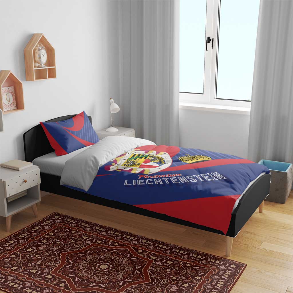 Liechtenstein bedding set with blue-red duvet and two pillows featuring coat of arms