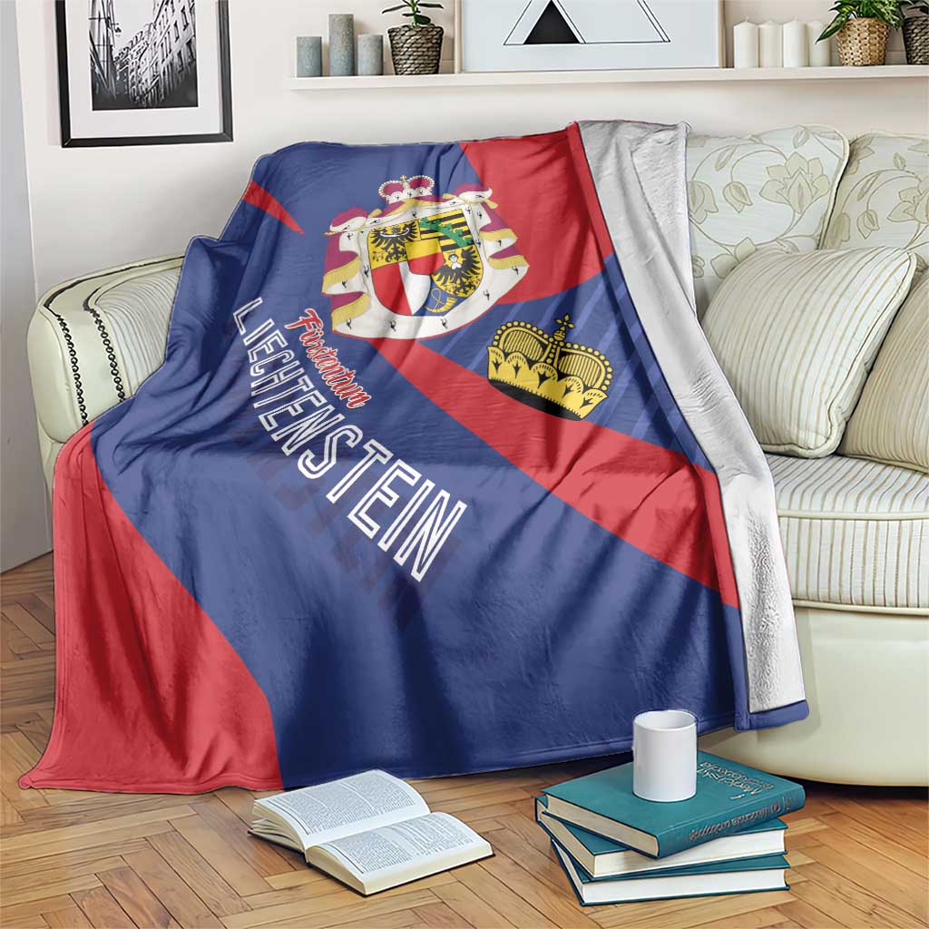 Liechtenstein coat of arms blanket, blue and red diagonal stripe with crest and crown
