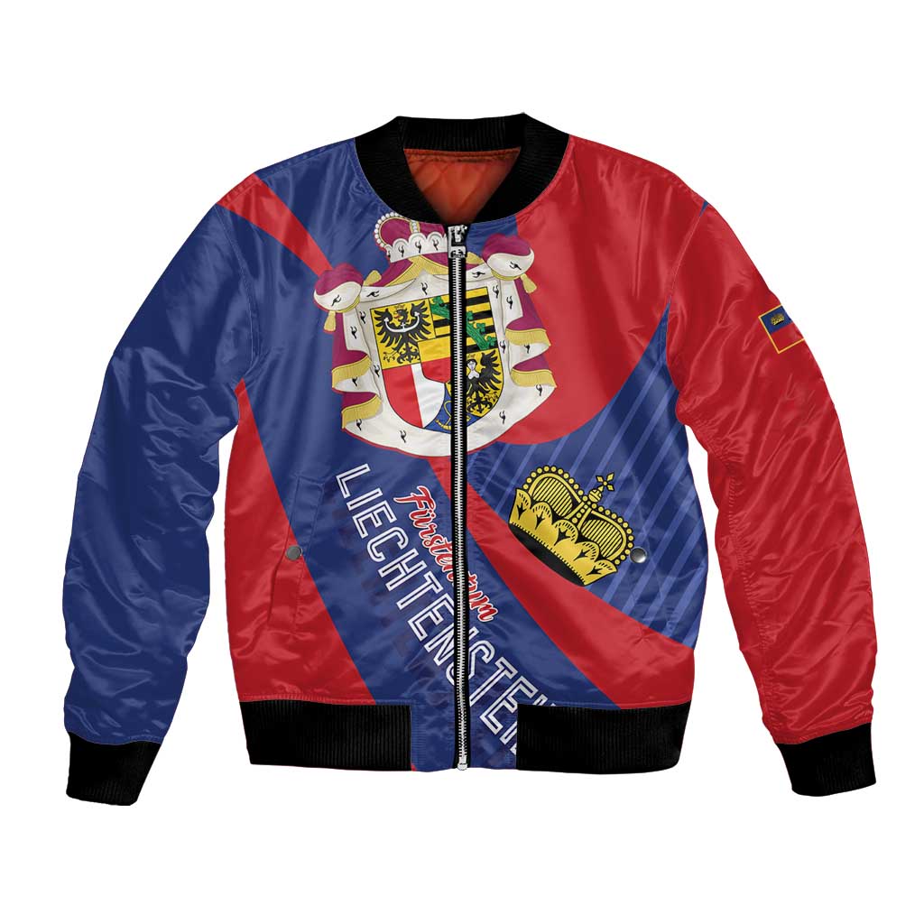 Blue and red bomber jacket with zipper, crest patch, and ribbed cuffs